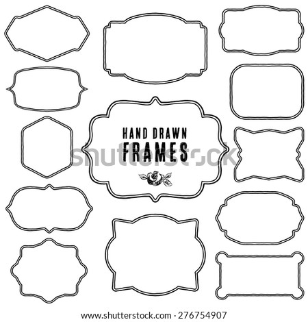 Set of vintage contour blank frames and labels. Hand drawn vector illustration.