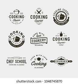 set of vintage cooking classes logos. retro styled culinary school emblems, badges, design elements, logotype templates. vector illustration