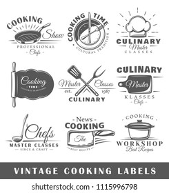 Set of vintage cooking labels. Templates for the design of logos and emblems. Collection of cooking symbols: pan, hat, rolling pin. Vector illustration