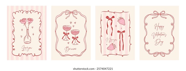 Set of vintage coquette greeting cards for Valentine's Day. Hand drawn whimsical frames with elegant bows and ribbons. Template for poster, banner, wedding invitation, birthday card.