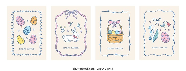 Set of vintage coquette greeting cards for Easter day. Hand drawn whimsical frames with bows and ribbons. Cute bunny, flowers and leaves, basket, eggs. Template for poster, banner.