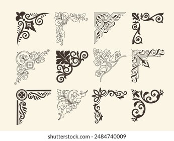 Set of vintage corners. Linear decorative retro borders in elegant medieval style. Abstract royal frames with ornament for decor. Hand drawn vector illustration collection isolated on background