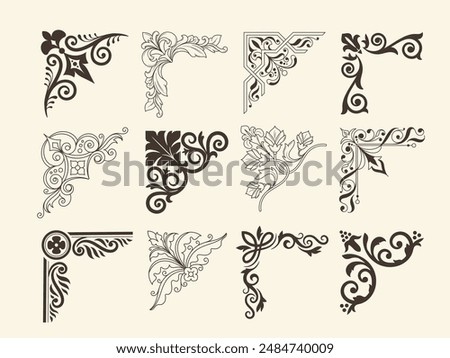Set of vintage corners. Linear decorative retro borders in elegant medieval style. Abstract royal frames with ornament for decor. Hand drawn vector illustration collection isolated on background