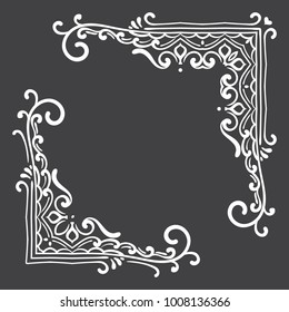 Set of vintage corners on black background. Elegant hand drawn retro border. Design element for wedding invitation or menu, banner, postcard, save the date card. Vector illustration.