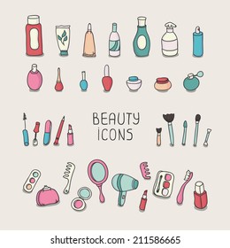 Set of vintage cosmetics elements and beauty products icons. Makeup. Beautiful vector illustration.  