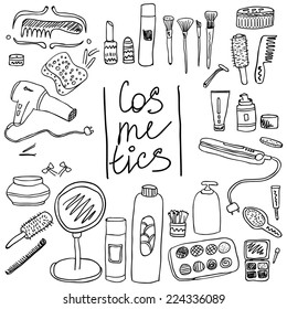 Set of vintage cosmetics elements and beauty products icons. Make up tools in black and white.