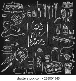 Set Of Vintage Cosmetics Elements And Beauty Products Icons. Make Up Tools In Black And White