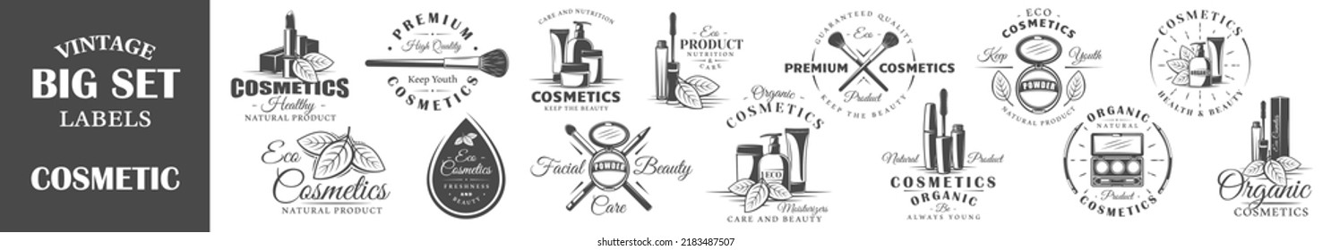 Set of vintage cosmetics labels, logos. Design elements for graphic and web design, natural products. Collection symbols: cream, bottle, packaging. Vector illustration