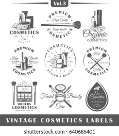 Set of vintage cosmetics labels, logos. Design elements for graphic and web design, natural products. Collection symbols: cream, bottle, packaging. Vector illustration 