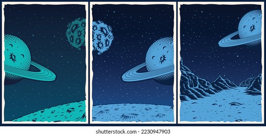 Conjunto de afiches cósmicos vintage con planetas y paisaje espacial