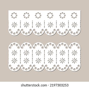 Set of vintage cotton lace eyelets, decorative ornaments for fabric borders, paper cut template, frill guipure design