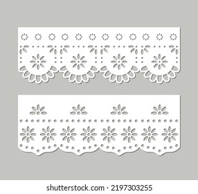 Set of vintage cotton lace eyelets, decorative ornaments for fabric borders, paper cut template, frill guipure design