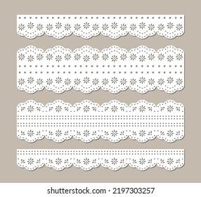 Set of vintage cotton lace eyelets, decorative ornaments for fabric borders, paper cut template, frill guipure design