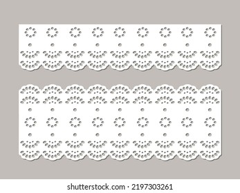 Set of vintage cotton lace eyelets, decorative ornaments for fabric borders, paper cut template, frill guipure design