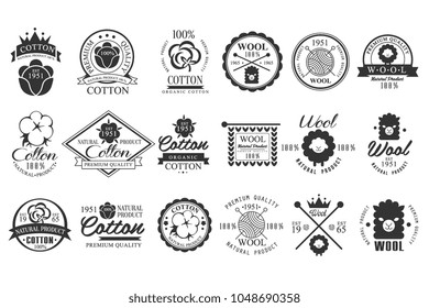 Set of vintage cotton and wool emblems with hand lettering. Natural product. Stylish monochrome labels. Cloth materials. Premium quality. Vector logo design