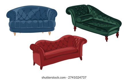 Set of vintage couch and chaise lounge in velveteen upholstery isolated on light background. Classic furniture collection for interior design and home decor concept