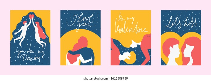 Set vintage couple in love simple shape style poster with hand drawn lettering for valentines day