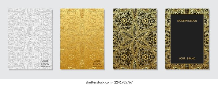 Conjunto de cubiertas vintage, plantillas verticales. Colección de fondos geométricos de relieve con patrón 3D, textura tribal dorada. Estilo boho con elementos hechos a mano, doodle y zentangle, papel de prensa.