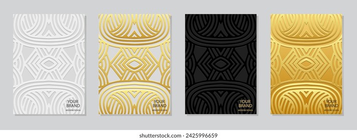 Set of vintage covers, vertical templates. A collection of relief, geometric backgrounds with ethnic 3D patterns. Unique creativity of the East, Asia, India, Mexico, Aztec, Peru in handmade style.