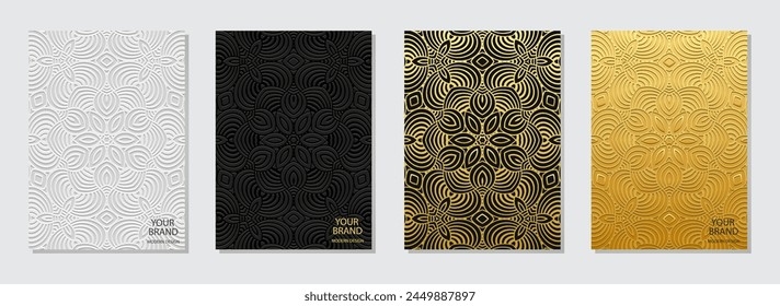 Set of vintage covers, vertical templates. Collection of relief, geometric backgrounds with ethnic 3D patterns, handmade. Ornamental boho exoticism of the East, Asia, India, Mexico, Aztec, Peru.