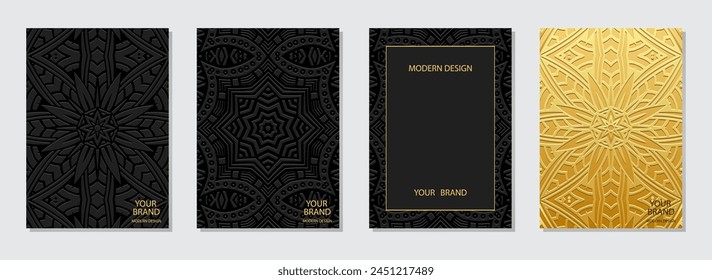 Set of vintage covers, vertical templates. A collection of relief, geometric backgrounds with ethnic 3D patterns, with handmade ornaments. Boho motifs of the East, Asia, India, Mexico, Aztec, Peru.