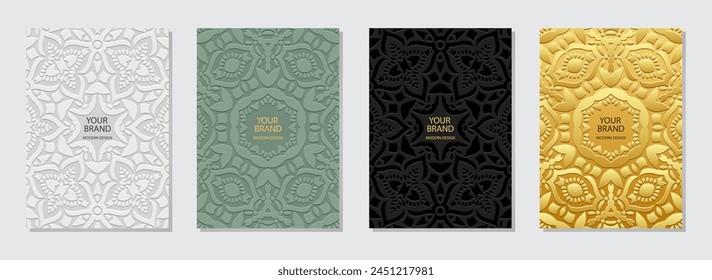 Set of vintage covers, vertical templates. A collection of relief, geometric backgrounds with ethnic exotic 3D patterns, with handmade ornaments. Boho motifs of the East, Asia, India, Mexico, Aztec