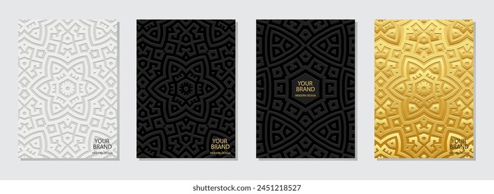 Set of vintage covers, vertical templates. A collection of relief, geometric backgrounds with an ethnic 3D pattern in the style of the Greek meander ornament. Boho motifs of the East, Asia, India