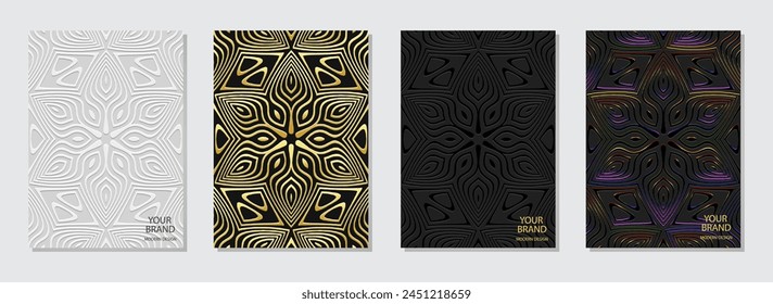 Set of vintage covers, vertical templates. A collection of relief, geometric backgrounds with ethnic creative 3D patterns, with handmade ornaments. Boho motifs of the East, Asia, India, Mexico, Aztec,