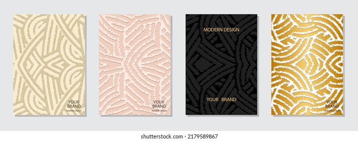 Set of vintage covers, vertical vector templates. Collection of backgrounds with 3D geometric pattern of stripes and lines. Tribal ethnic group. Countries of the East, Asia, India, Mexico, Aztecs, Per