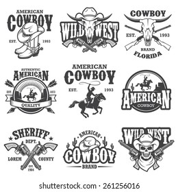 Set of vintage cowboy emblems, labels, badges, logos and designed elements. Wild West theme. Monochrome style