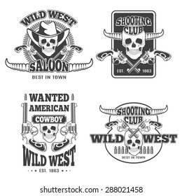 Conjunto de emblemas vintage cowboy, etiquetas, emblemas, logotipos e elementos projetados. Tema do Velho Oeste. Estilo monocromático
