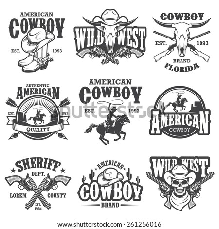 Set of vintage cowboy emblems, labels, badges, logos and designed elements. Wild West theme. Monochrome style