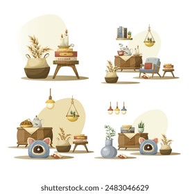 Set of vintage cozy interiors. Isolate on a white background. Vekor, hand drawing
