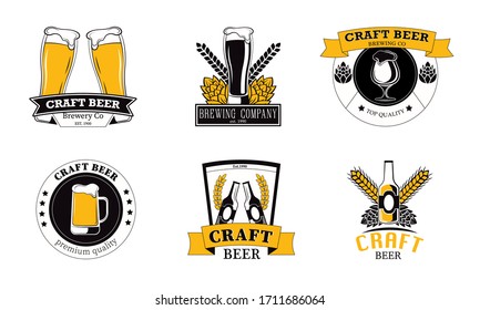 Set of the vintage craft beer labels, logo template designs for beer house. Vector illustration in flat cartoon style.
