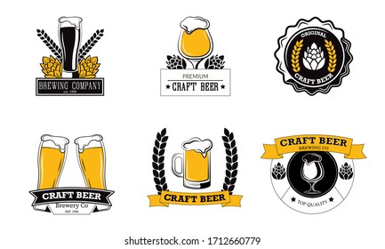 Set of the vintage craft beer labels, logo template designs for beer house. Vector illustration in flat cartoon style.
