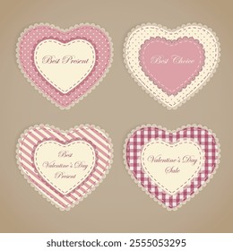 Set of Vintage Craft Valentine’s Day Sale Banner in Paper Cut out Style with Lace Hearts, Sewing Elements and text Best Present, Best Choice, Valentine's Day Sale, Best Valentine's Day Gift