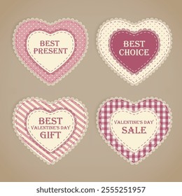 Set of Vintage Craft Valentine’s Day Sale Banner in Paper Cut out Style with Lace Hearts, Sewing Elements and text Best Present, Best Choice, Valentine's Day Sale, Best Valentine's Day Gift