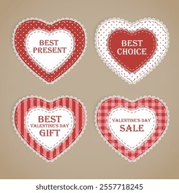 Set of Vintage Craft Valentine’s Day Sale Banner in Paper Cut out Style with Lace Hearts, Sewing Elements and text Best Present, Best Choice, Valentine's Day Sale, Best Valentine's Day Gift