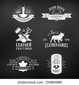 Set of vintage craft logo designs, retro genuine leather tool labels. artisans market insignia vector illustration on dark background.