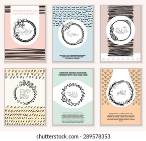 Set of Vintage Creative Cards with Hand Drawn Hipster Textures. Retro patterns for banner, poster, placard, flyer, design template