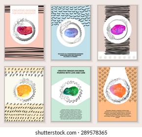 Set of Vintage Creative Cards with Hand Drawn Hipster Textures. Retro patterns for banner, poster, placard, flyer, design template