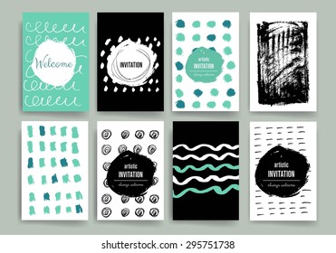 Set of Vintage Creative Cards with Hand Drawn  Textures Made with Ink. Retro Patterns for Placards, Posters, Flyers and Banner Designs.