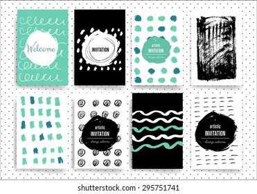 Set of Vintage Creative Cards with Hand Drawn  Textures Made with Ink. Retro Patterns for Placards, Posters, Flyers and Banner Designs.