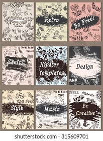 Set of vintage creative cards with hand sketched hipster textures from doodles made with ink for design
