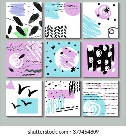 Set of Vintage Creative Cards with Hand Drawn Hipster Textures Made with Ink. Retro Patterns for Placards, Posters, Flyers and Banner Designs.