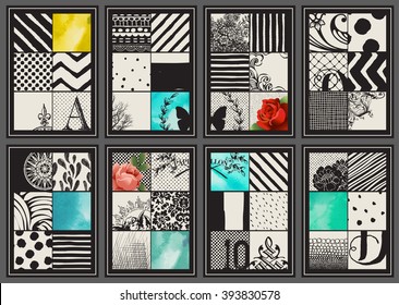 Set of Vintage Creative Cards - Hand drawn collages and textures made with ink and watercolor. Abstract retro patterns