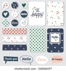 Set of Vintage Creative Cards, tape, stickers, labels with Hand Drawn Polka Dots Textures. Templates for Placards, Posters, Flyers and Banner Designs, Printable Journals Card