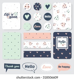 Set of Vintage Creative Cards, tape, stickers, labels with Hand Drawn Polka Dots Textures. Templates for Placards, Posters, Flyers and Banner Designs, Printable Journals Card