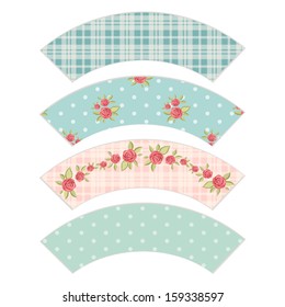 Set Of Vintage Cupcake Wrapper Templates With Roses In Shabby Chic Style Isolated On White