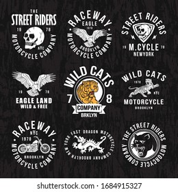 Set of vintage custom motorcycle emblems, labels, badges, logos, prints, templates. Layered, isolated on black background 